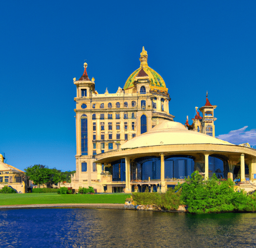Outside of Pennsylvania casino in front of a pond